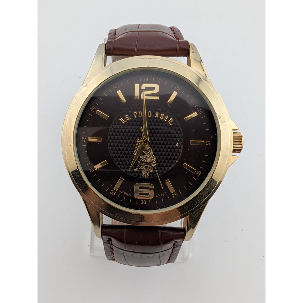U.S. Polo Assn. Men's Watch 43mm Gold Case Brown Faux Leather Band- New Battery